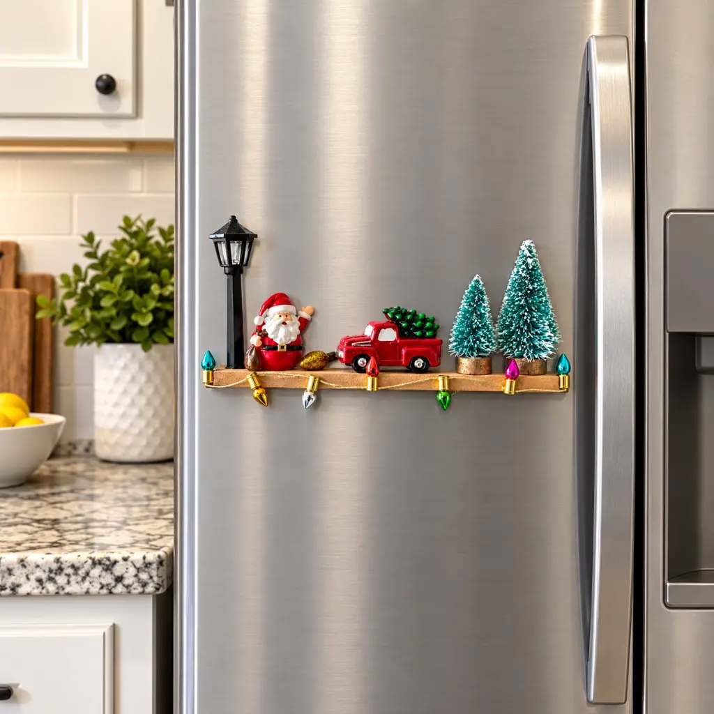Festive Christmas Magnet Shelf on Stainless Fridge.webp