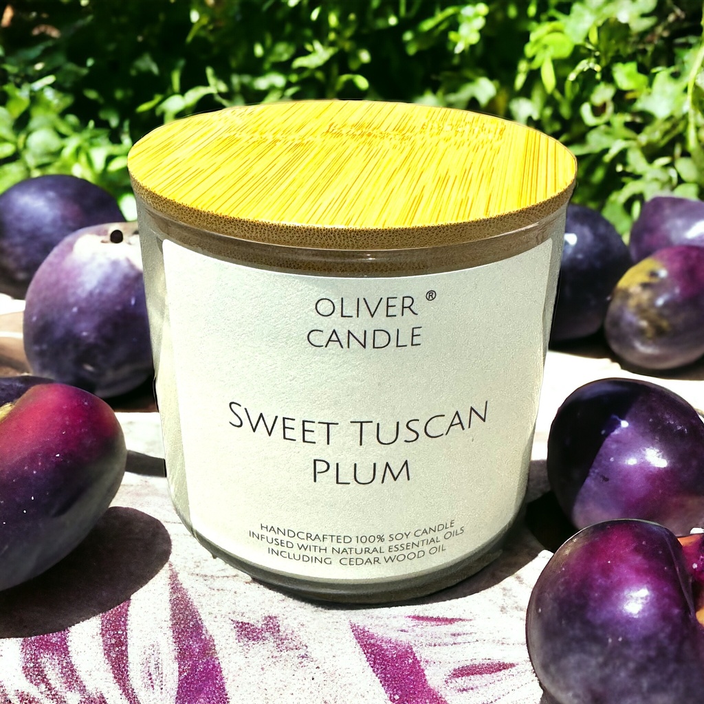 Sweet Tuscan Plum 3 Wick Soy Candle with Bamboo Lid