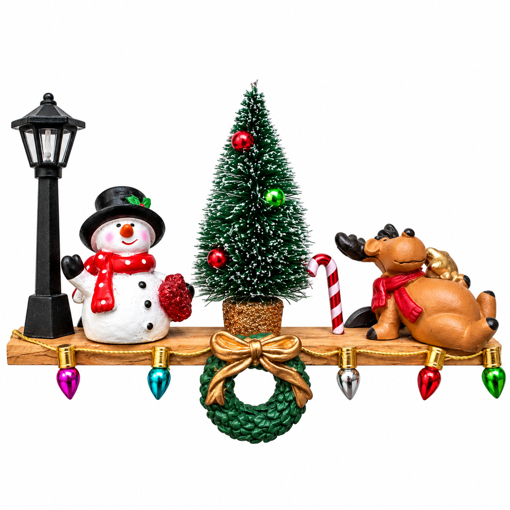 [871537] Christmas Tree Snowman Scene Handcrafted Artisan Shelf Magnetic